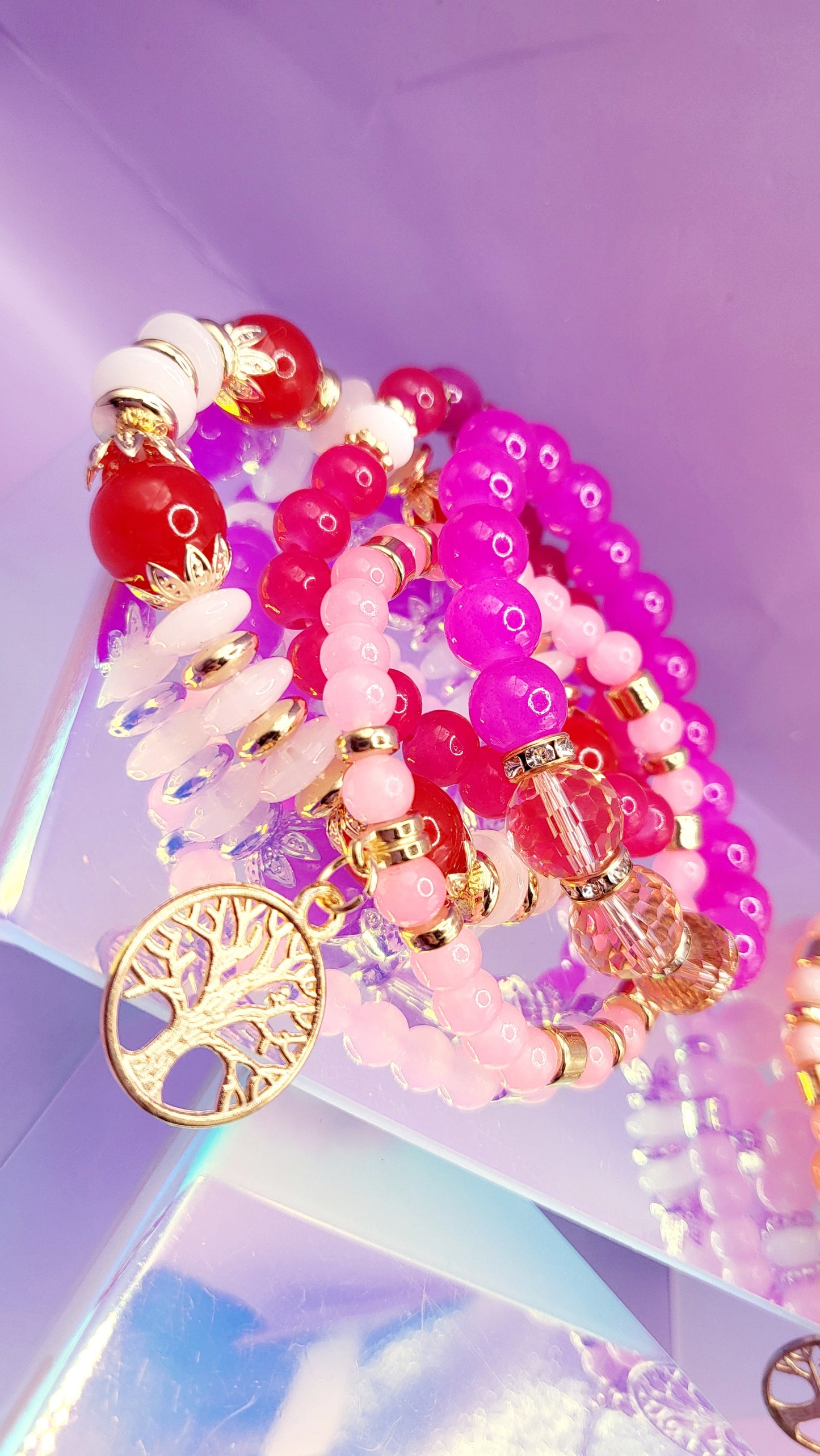 Tree Of Life Charm Glass Beaded Bracelet Set