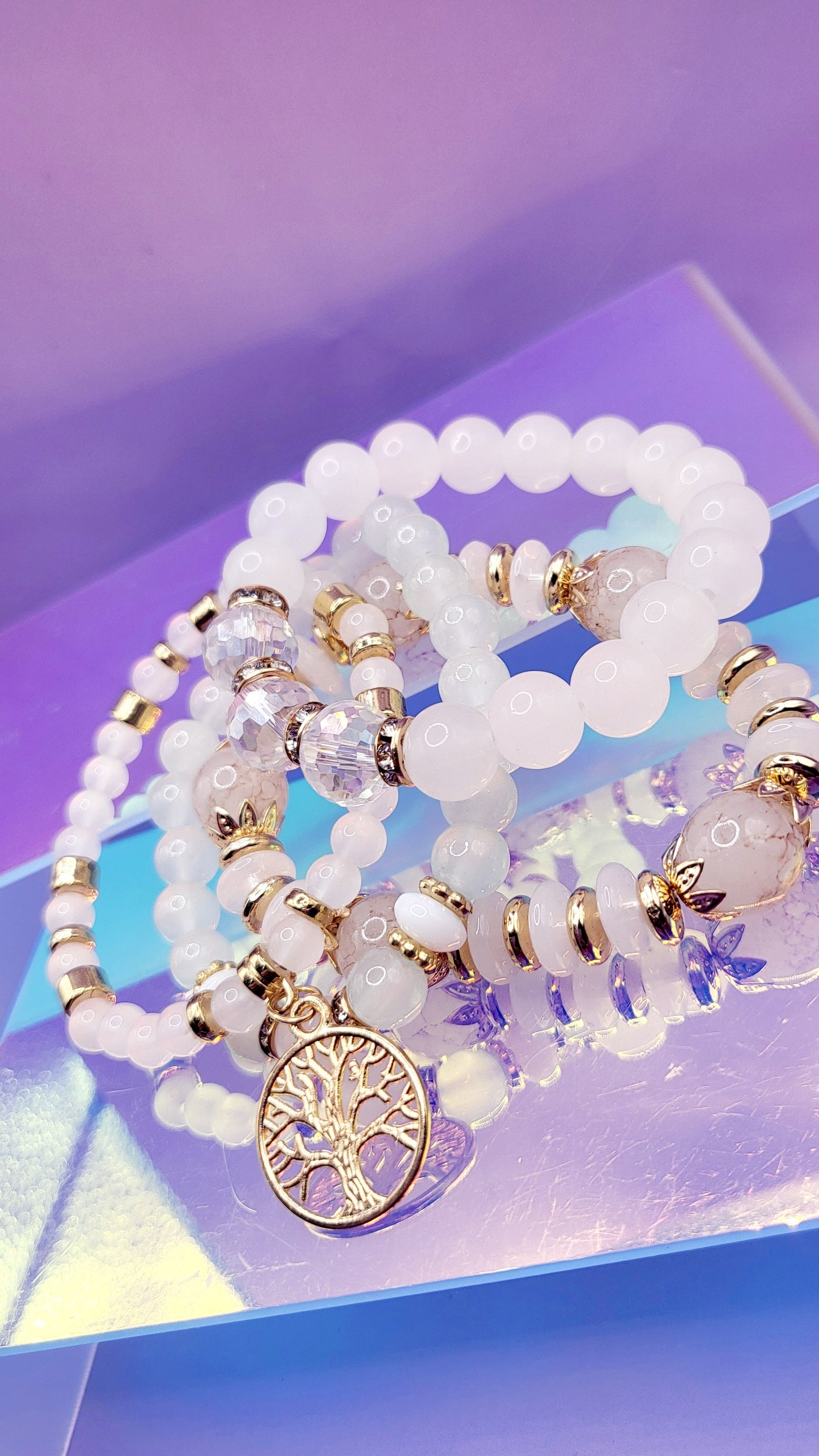 Tree Of Life Charm Glass Beaded Bracelet Set