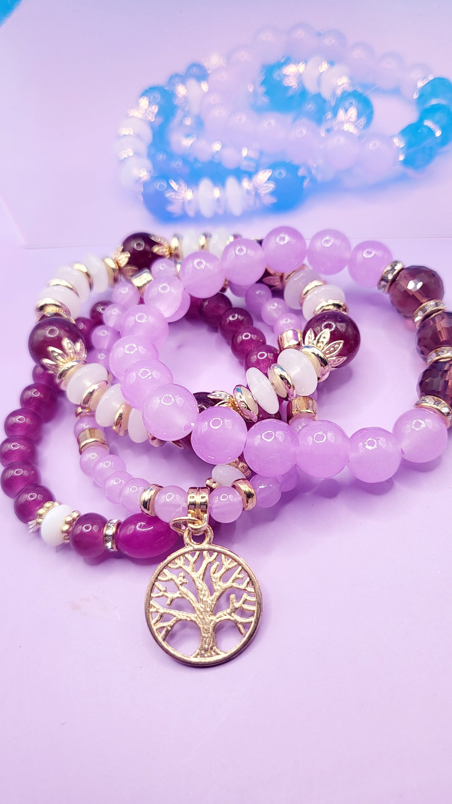 Tree Of Life Charm Glass Beaded Bracelet Set