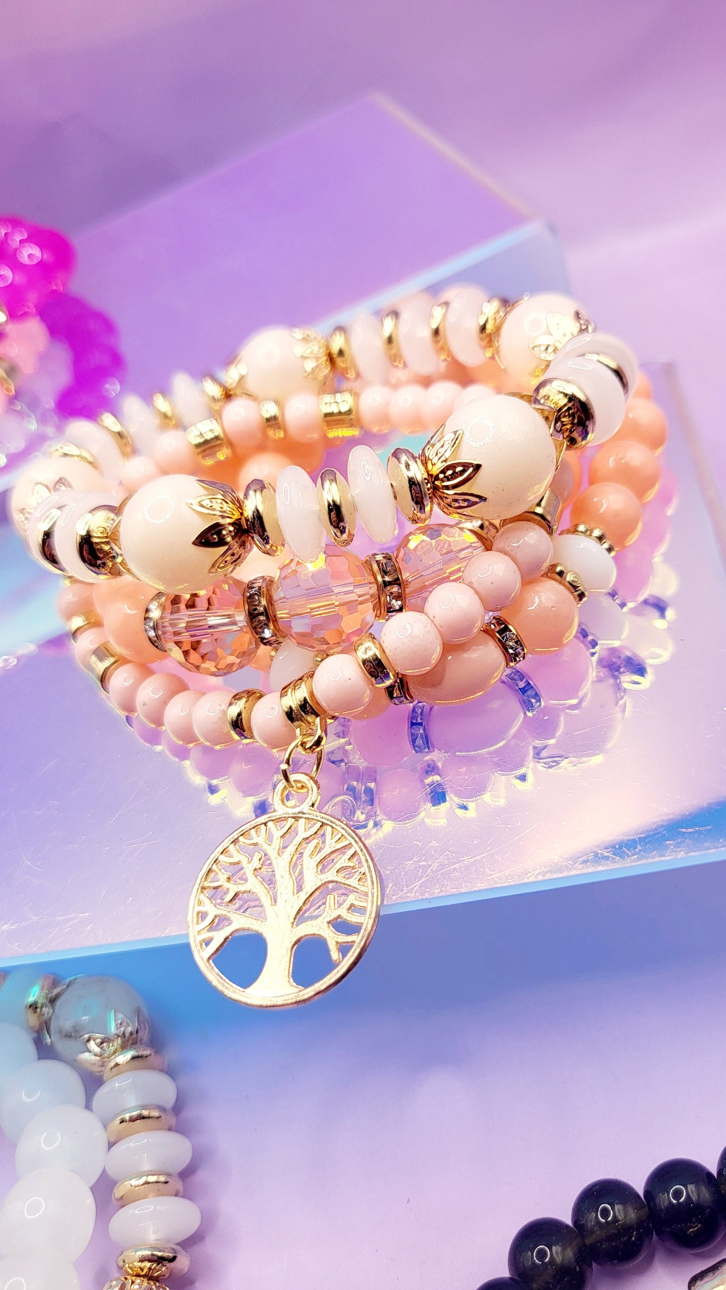 Tree Of Life Charm Glass Beaded Bracelet Set