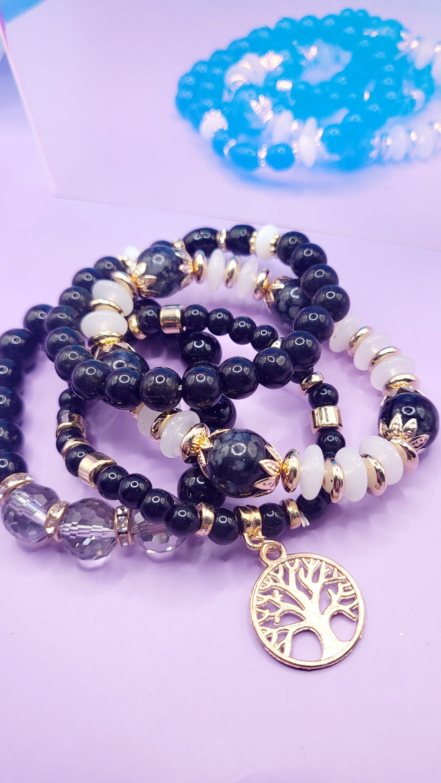 Tree Of Life Charm Glass Beaded Bracelet Set
