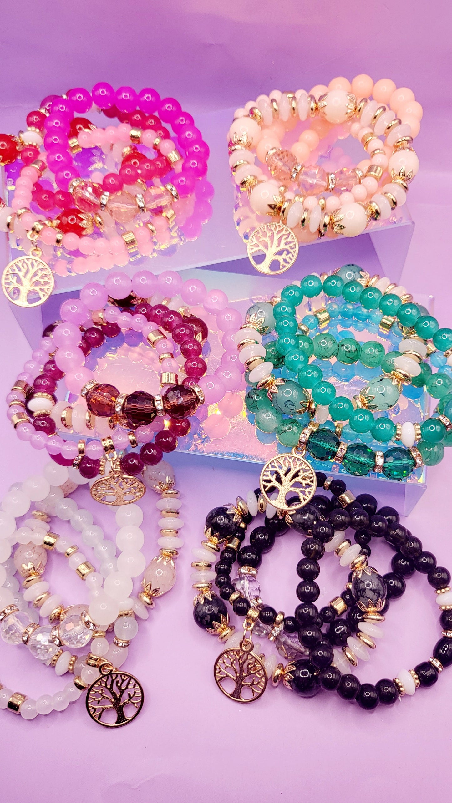 Tree Of Life Charm Glass Beaded Bracelet Set