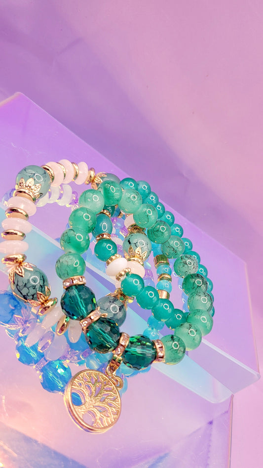 Tree Of Life Charm Glass Beaded Bracelet Set