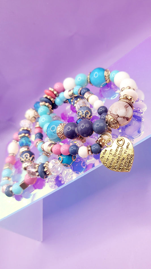 Sweet Heart Charm Glass Beaded Bracelet Set